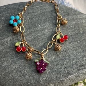 Fruity Charm Bracelet Rhinestones Enamel on Gold Paperclip Chain Dainty NEW Cute